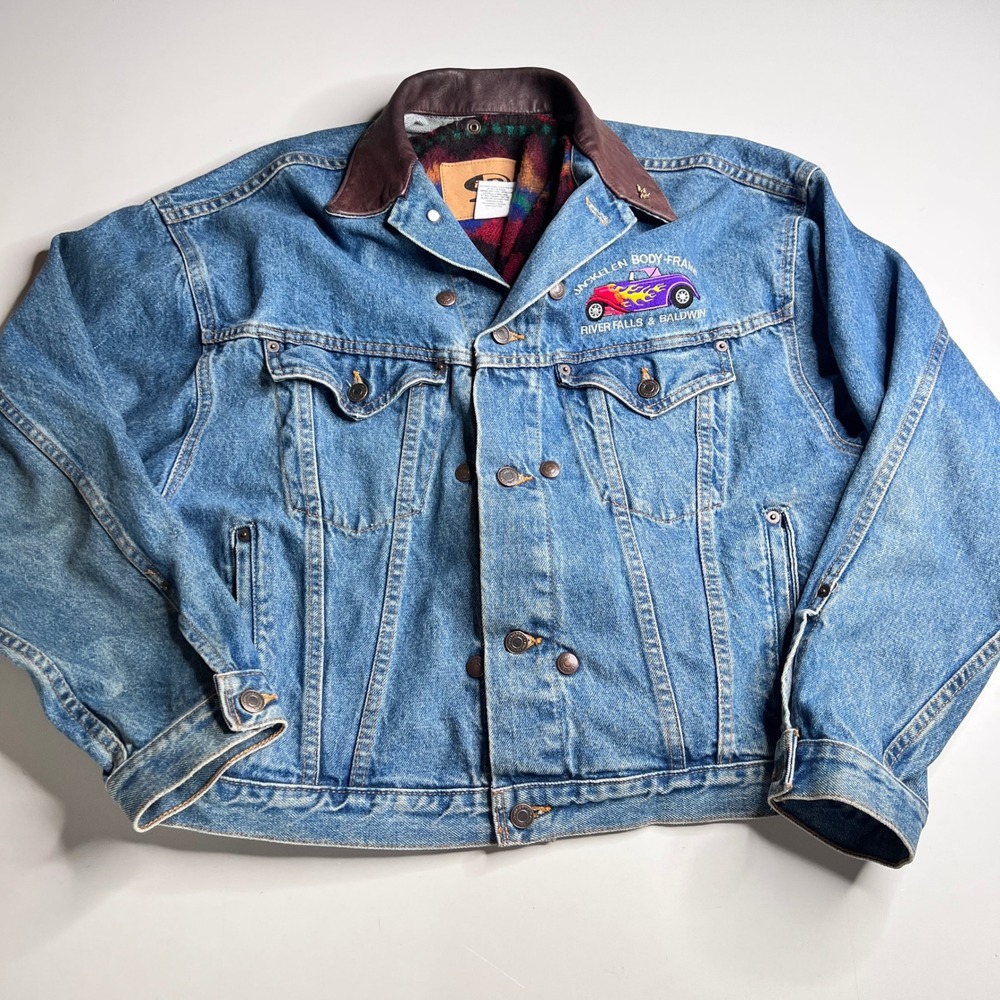 International Denim ID Wear Trucker Jacket Leather Collar‎ Hot Rod Embroidery M
